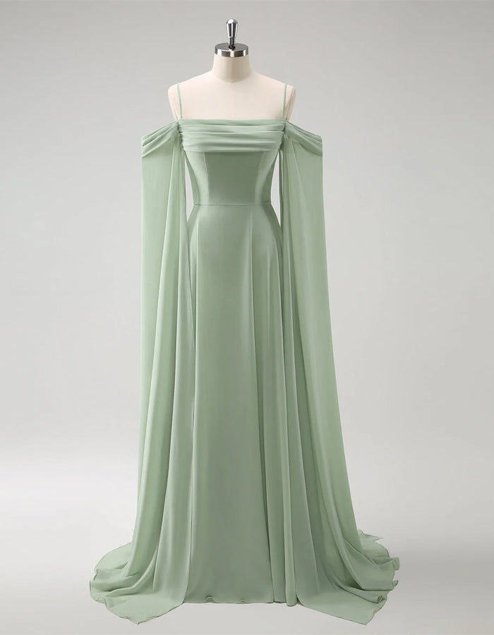 Light Green Off-the-shoulder Bridesmaid Dress with Detachable Sleeves