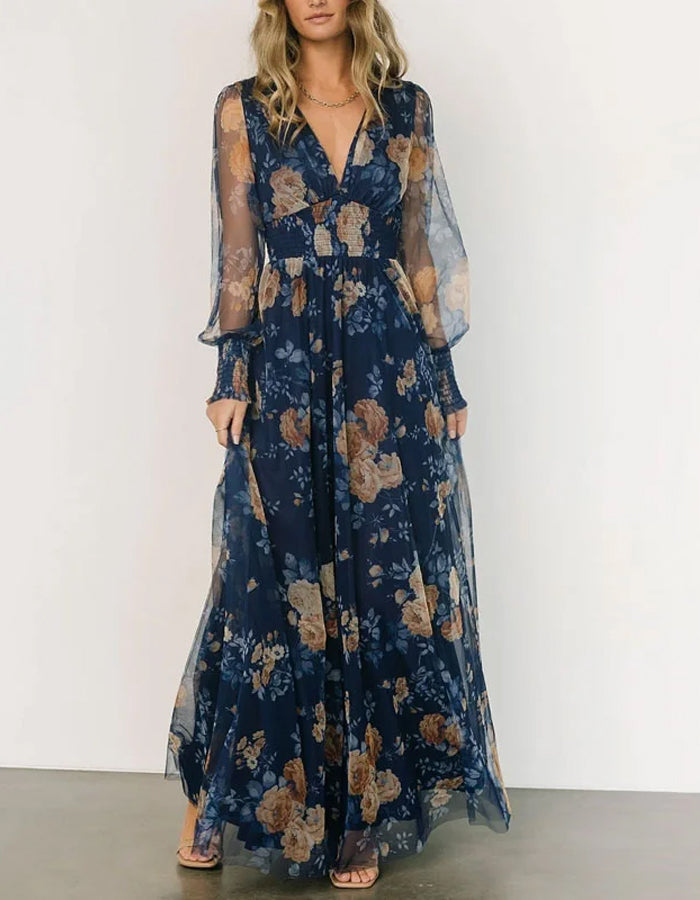 Elegantes marineblaues Chiffon-Abendkleid mit transparenten Ärmeln und Vintage-Blumenmuster
