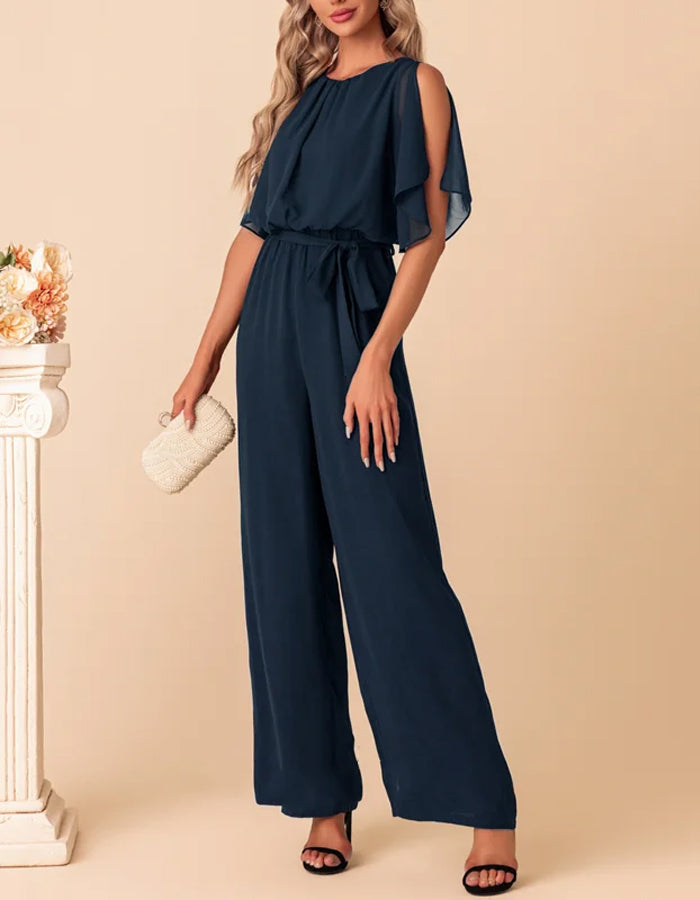 Combinaison en chiffon bleu marine avec manches fluides et ceinture à la taille