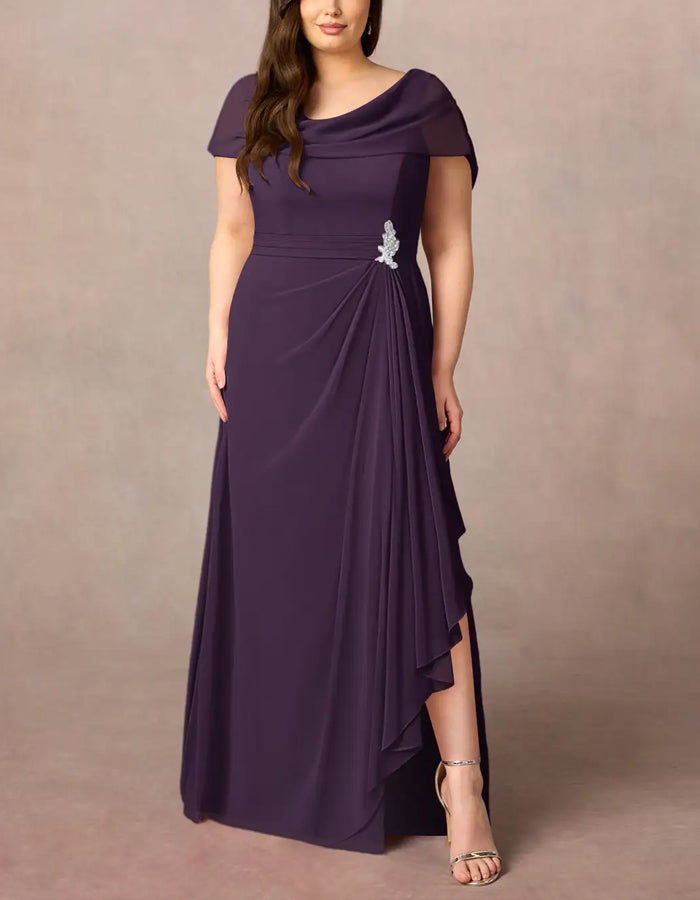 Rochie maxi A-line mov din chiffon cu deschidere laterală