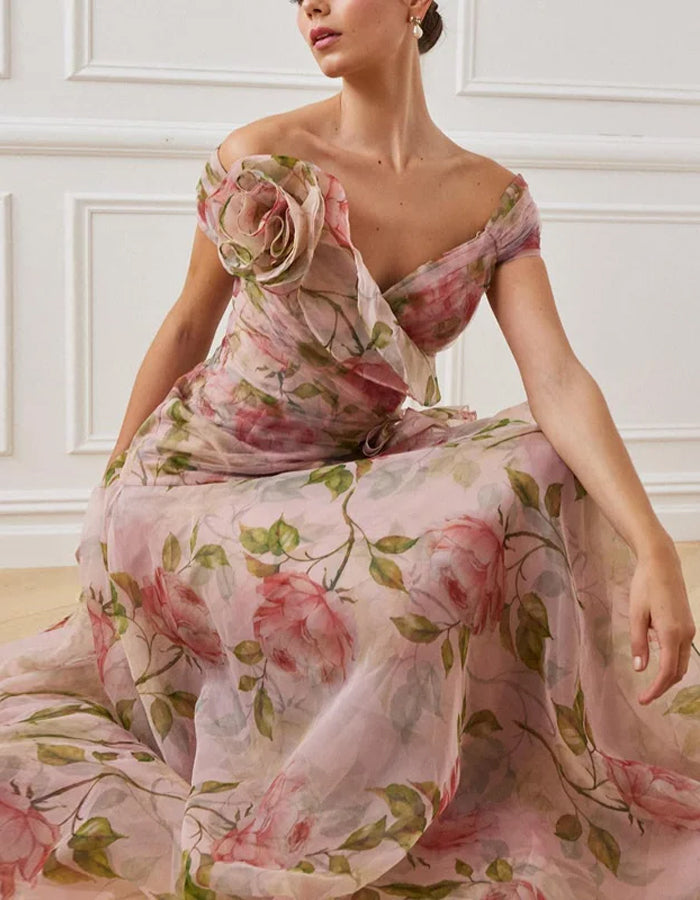 Romantische roze bloemen organza jurk met off-shoulder ruches