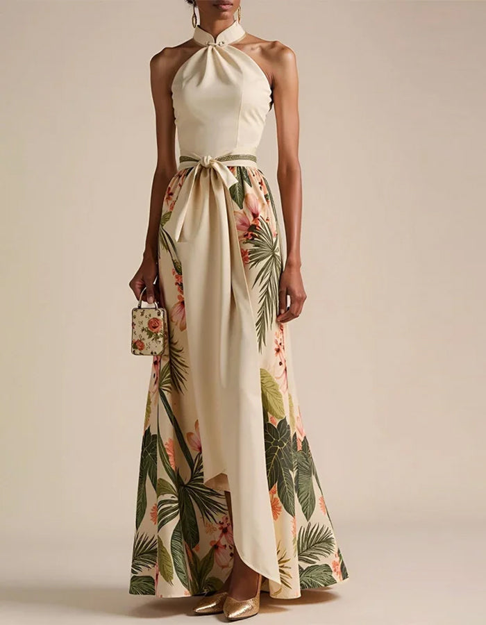Vestido Largo Floral sin Mangas con Cuello Halter