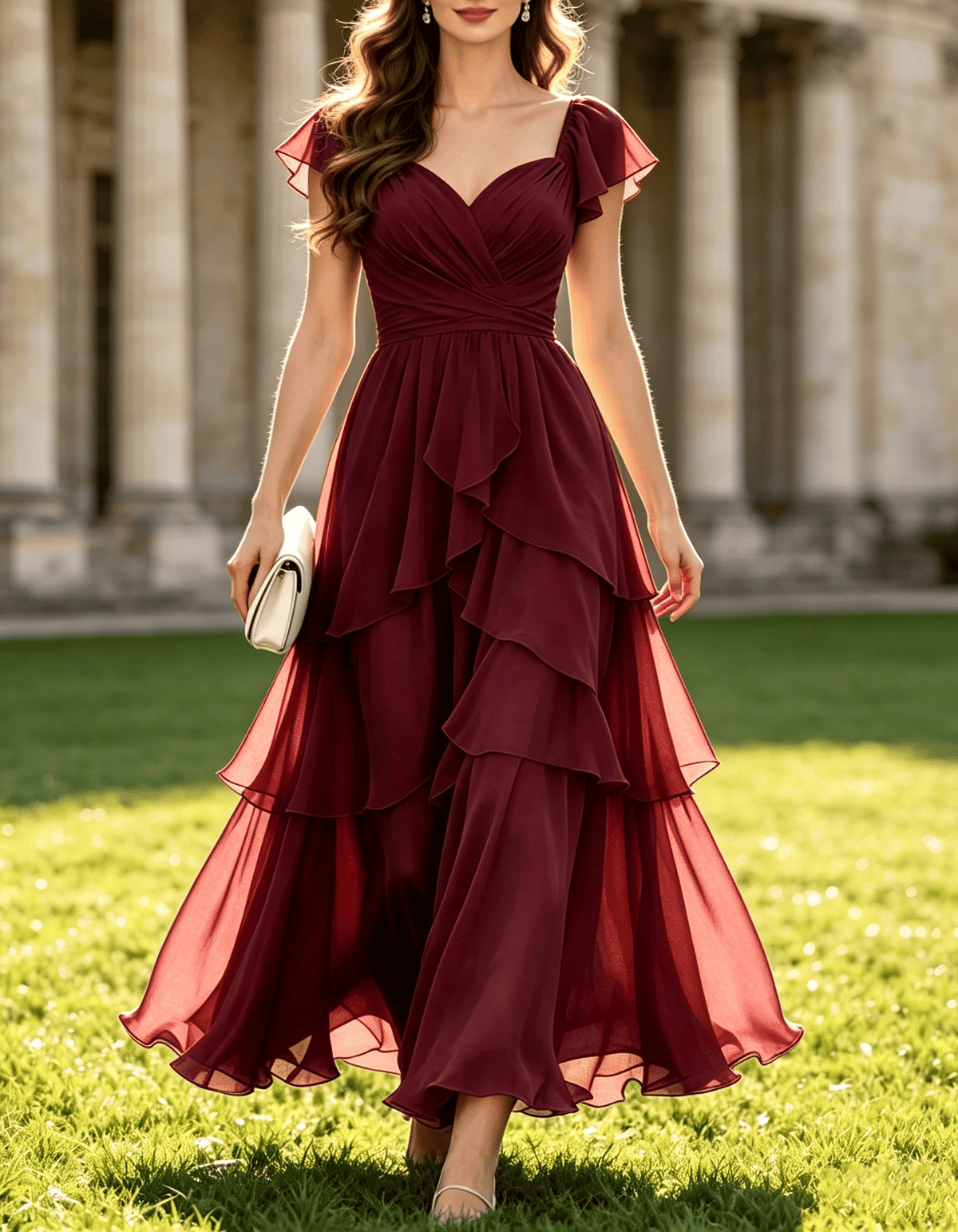 Abito midi formale in chiffon a balze con scollo quadrato e maniche svolazzanti