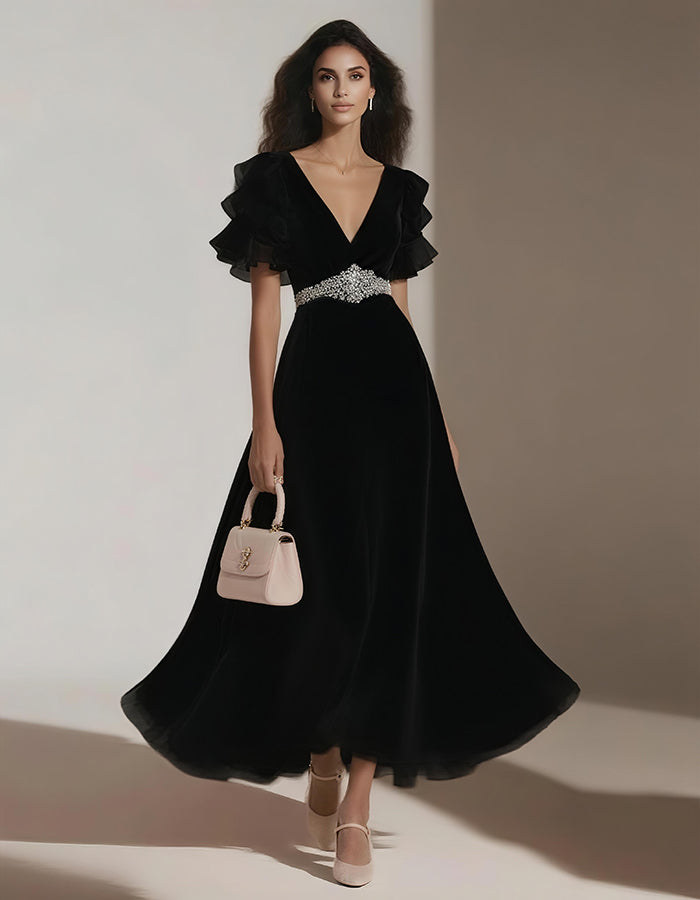 Abito midi in chiffon tinta unita con maniche a foglia di loto