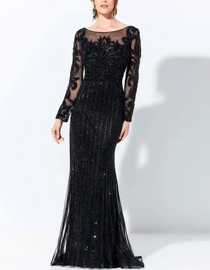 Vestido largo con encaje y lentejuelas, cuello redondo y mangas largas