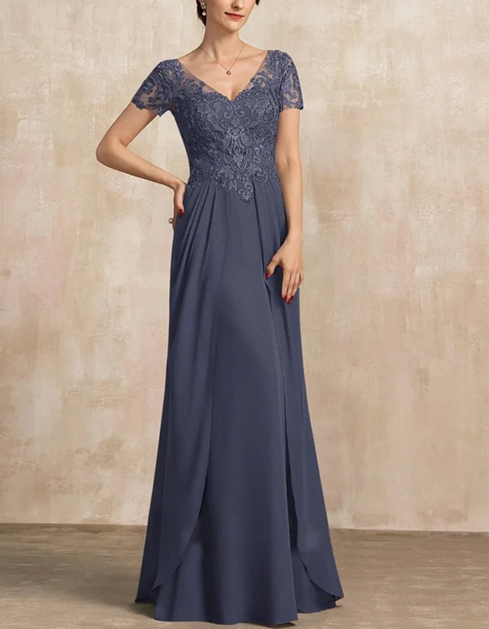 Robe de soirée bleu marine à col en V brodée de dentelle