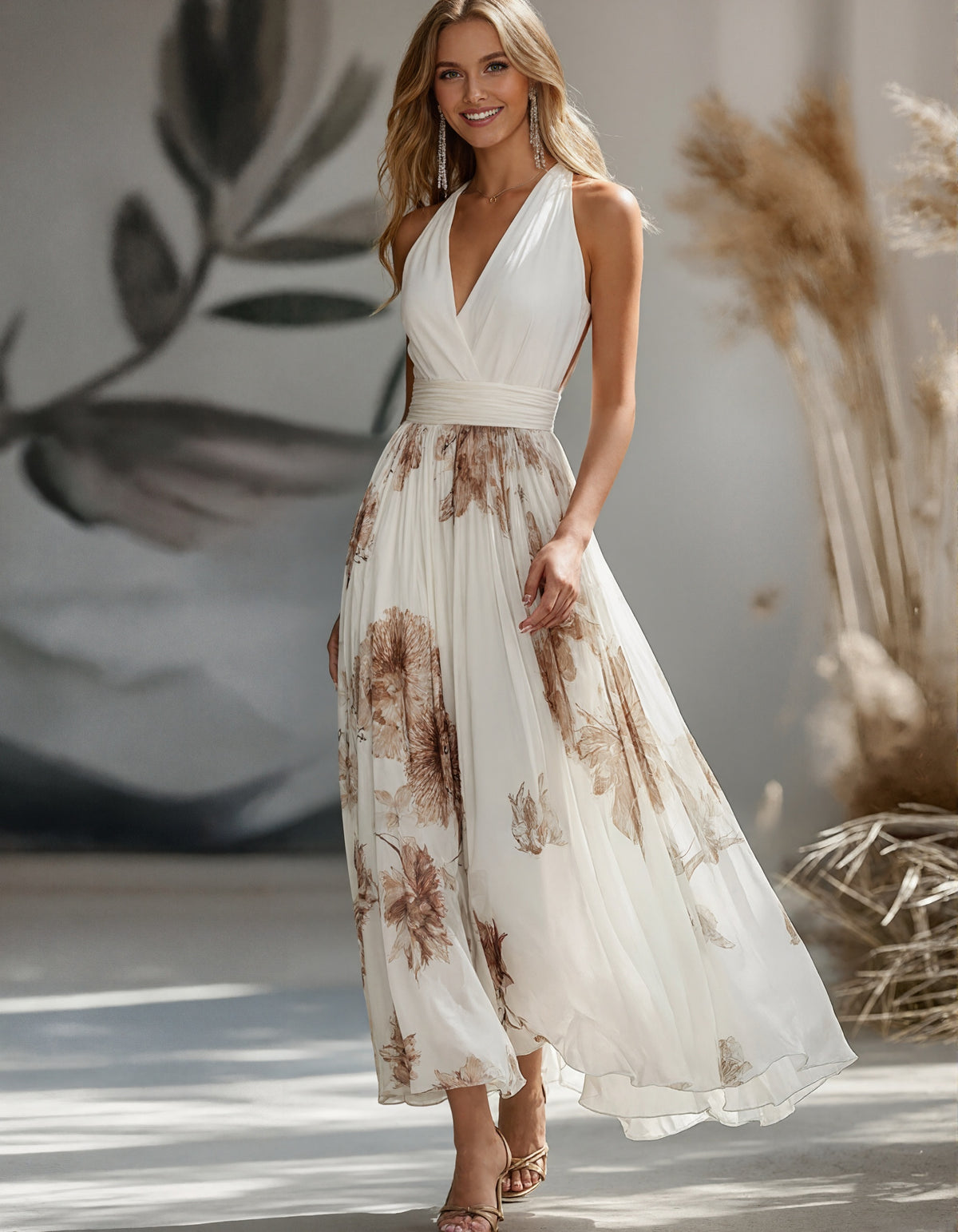 V-hals effen kleur chiffon bloemen maxi-jurk