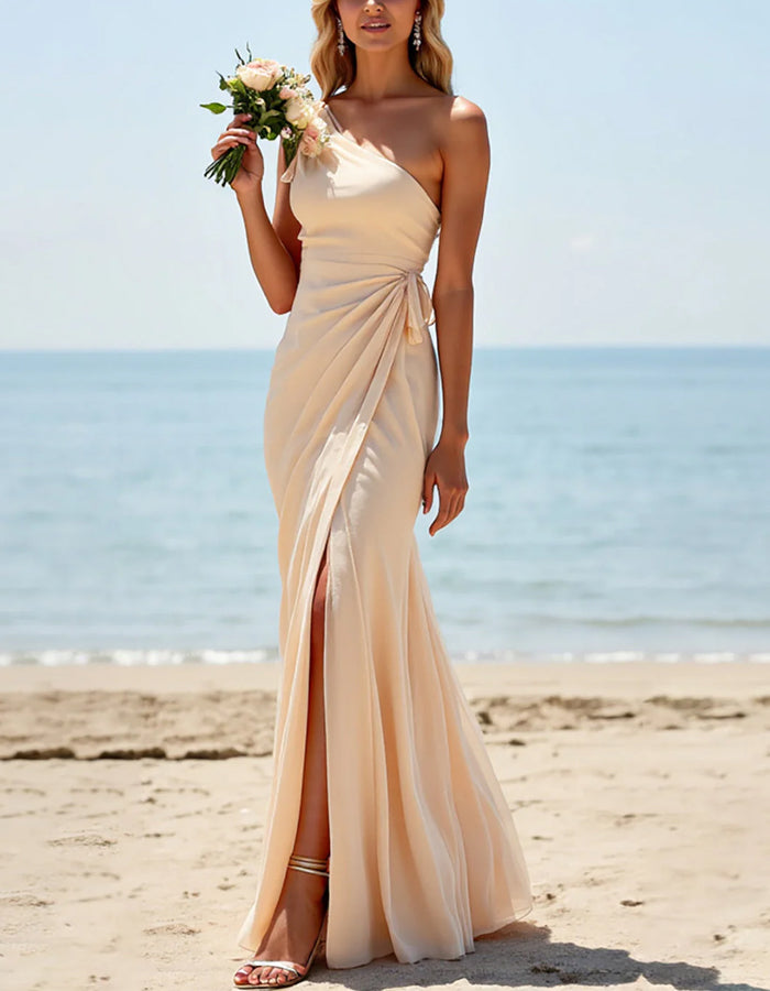 Apricot Fitted One Shoulder Long Pleated Slit Bridesmaid Dress – Elirelle