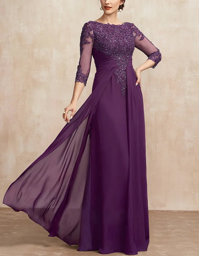 Vestido Maxi de Renda com Lantejoulas e Decote Redondo de Cor Sólida