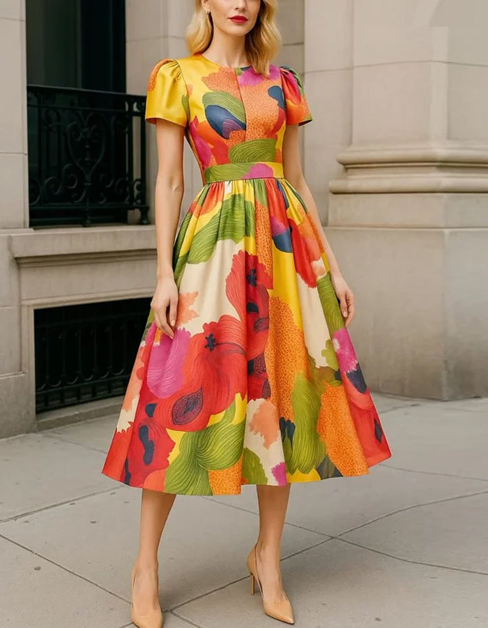 Vibrant Multicolor Satin Midi Dress with Puff Sleeves and Pleated Skirt