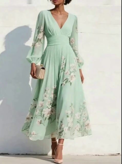 Anmutiges mintgrünes Chiffon-Midikleid mit geraffter Taille und Blumenstickerei