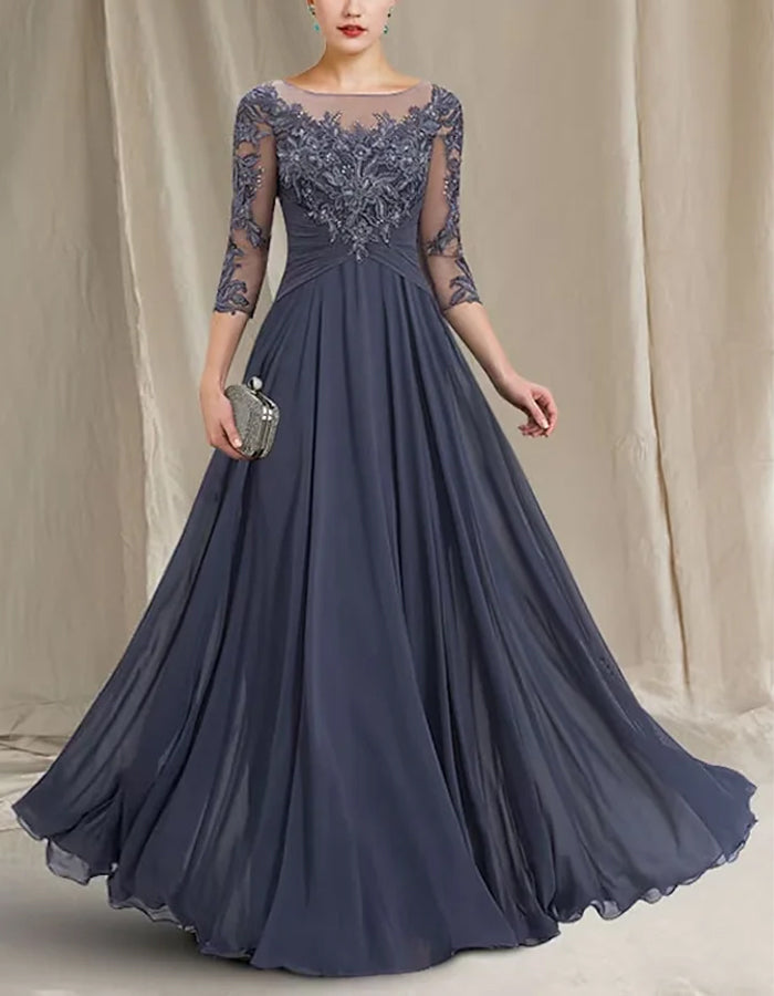 Abito lungo in chiffon tinta unita con pizzo, scollo rotondo e maniche a tre quarti