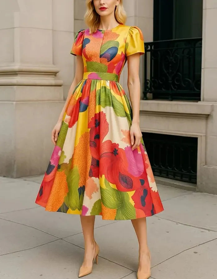 Vibrant Multicolor Satin Midi Dress with Puff Sleeves and Pleated Skirt