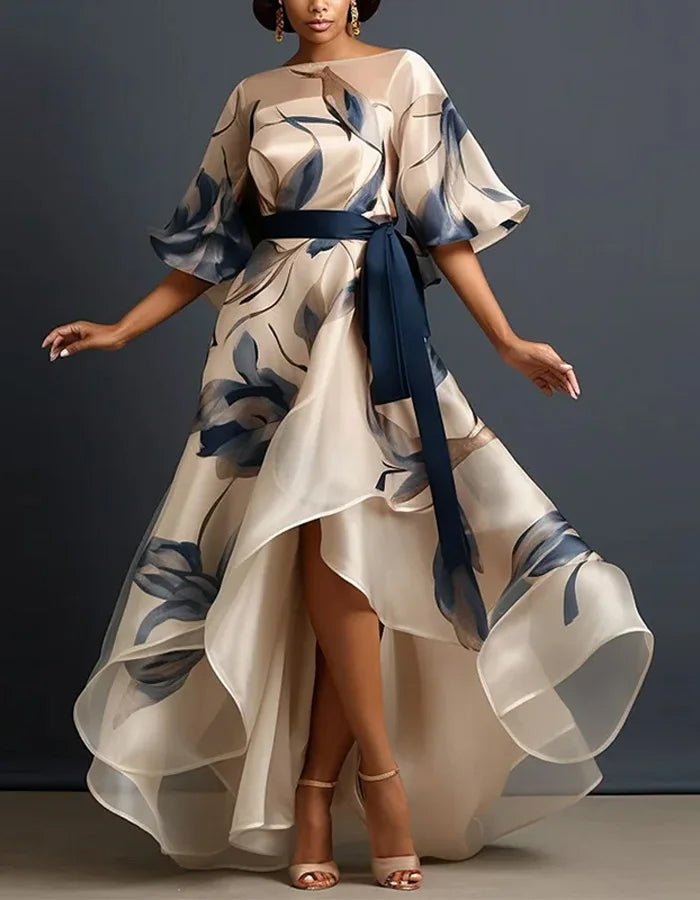 Navy Floral High-Low Hem Sash Belt Organza Gown