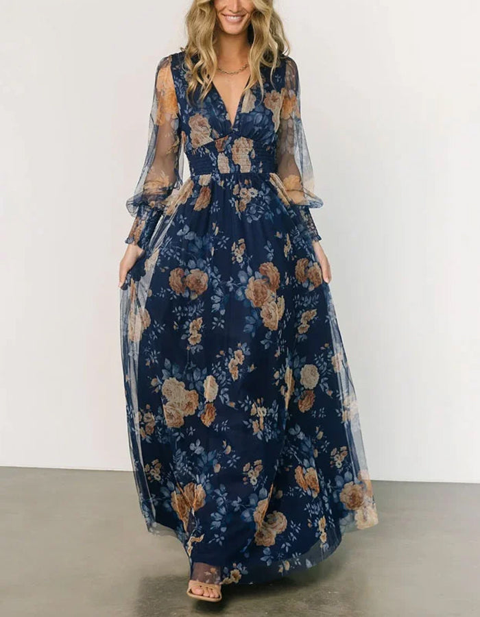 Abito elegante in chiffon blu navy con maniche trasparenti e stampa floreale vintage