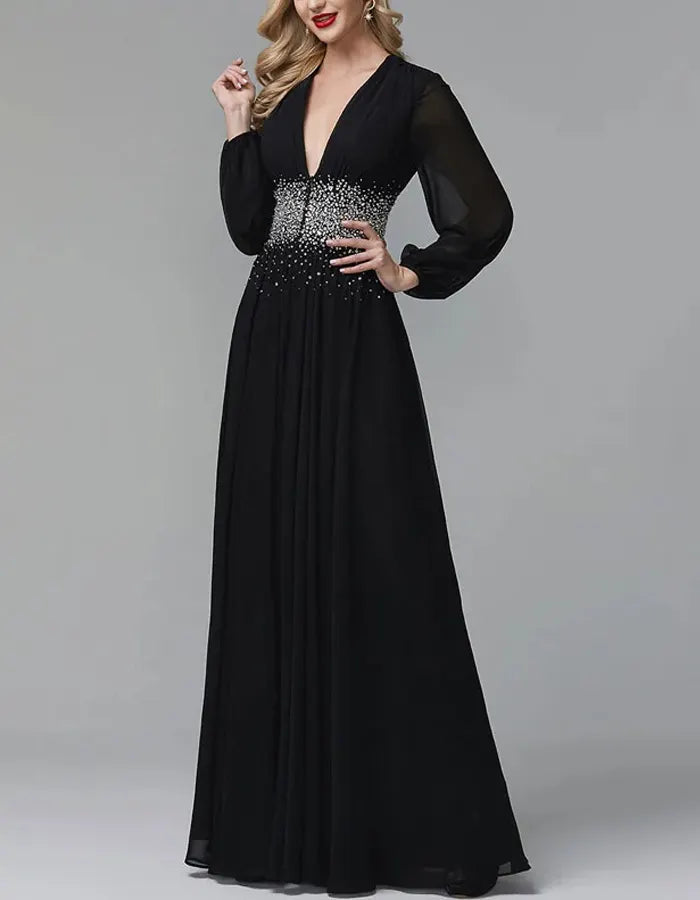 Vestido largo de gasa color sólido con cuello en V y mangas largas