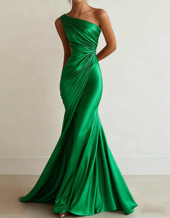 Vestido maxi de satén elástico plisado con un solo hombro