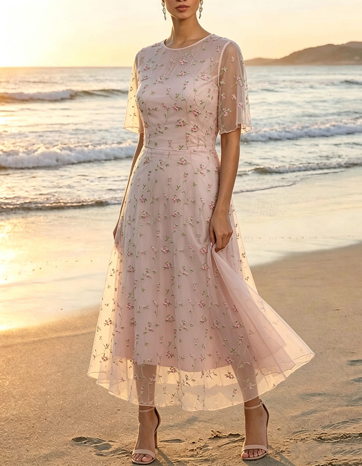 Midi-A-Linien-Kleid mit Illusionsrundhalsausschnitt, kurzen Ärmeln und Pailletten-Mesh