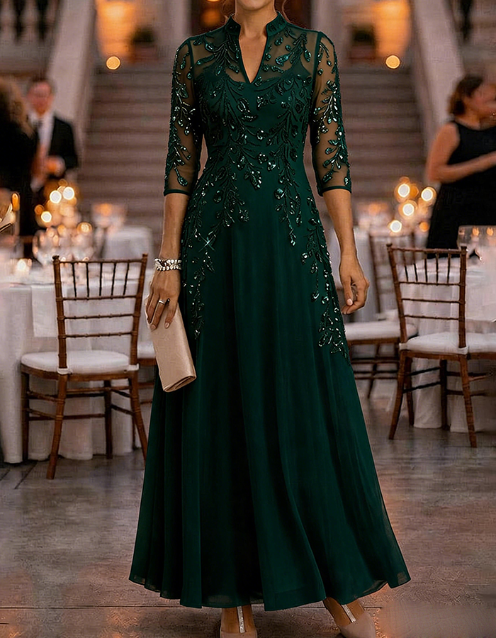 Champagne 3/4 Sleeve Gold Sequin Floral Mesh Chiffon Maxi Dress