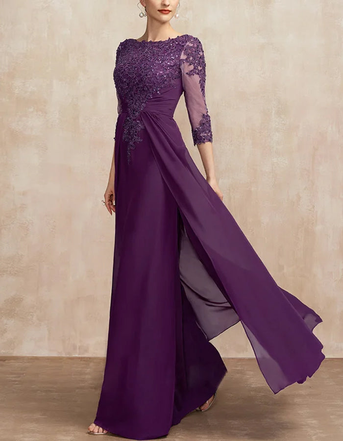 Vestido Maxi de Renda com Lantejoulas e Decote Redondo de Cor Sólida