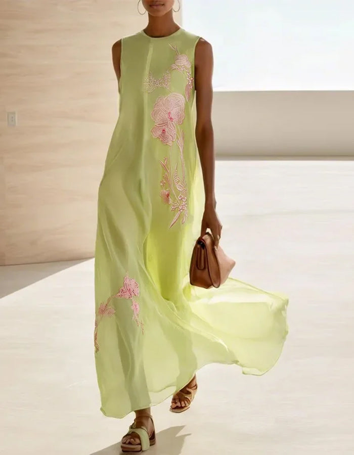 Lichtgroene ronde hals mouwloze maxi-jurk