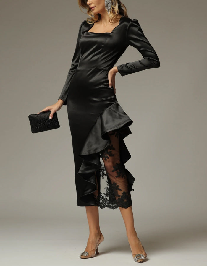 Square Neck Satin Long Sleeves Tights Midi Dress