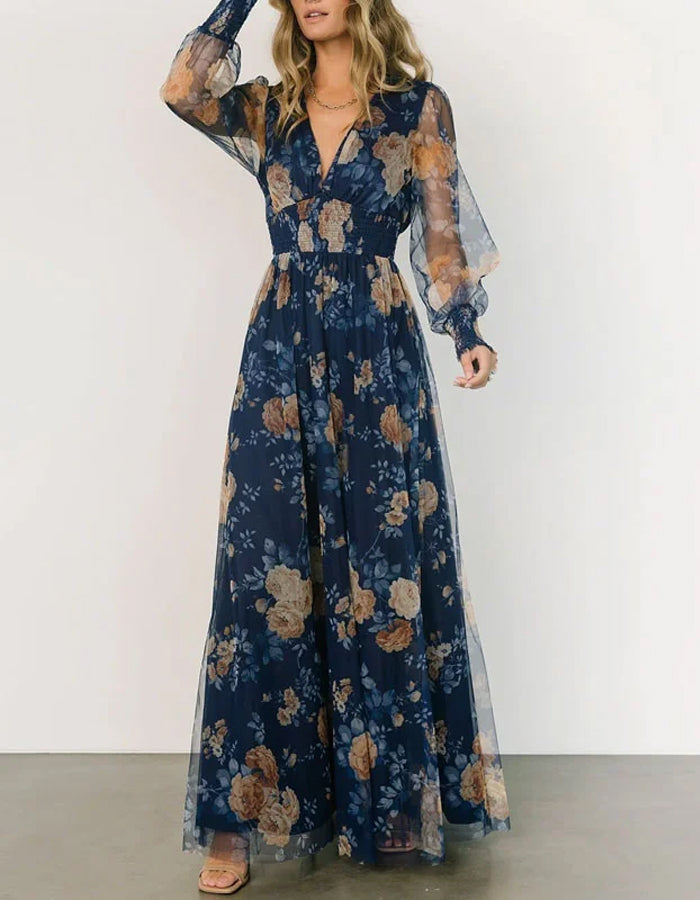 Abito elegante in chiffon blu navy con maniche trasparenti e stampa floreale vintage