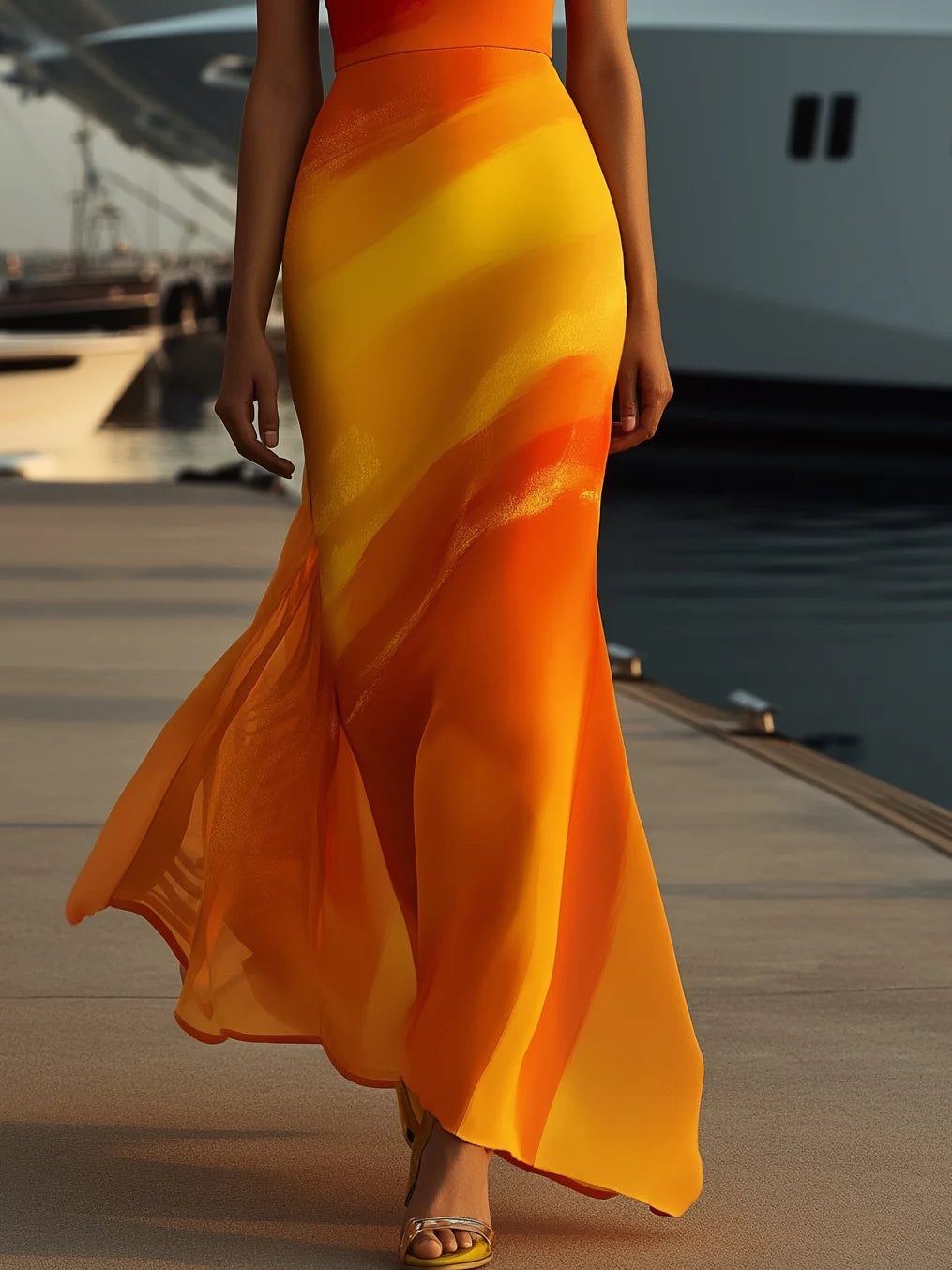 Zonsondergang ombre maxi-jurk – gedurfde oranje en gele tinten met aansluitend silhouet