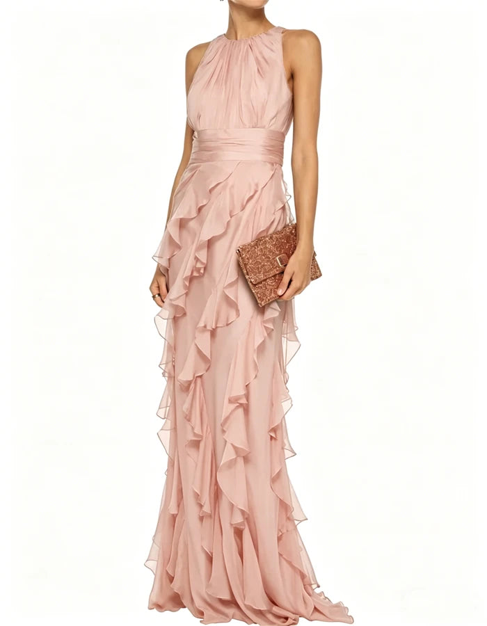 Green Elegant Ruffled Maxi Dress