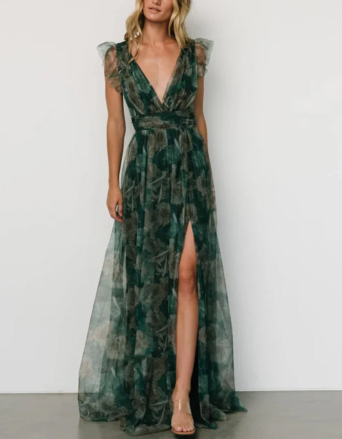 Romántico Vestido de Noche Verde de Tul con Mangas con Volantes y Escote Pronunciado