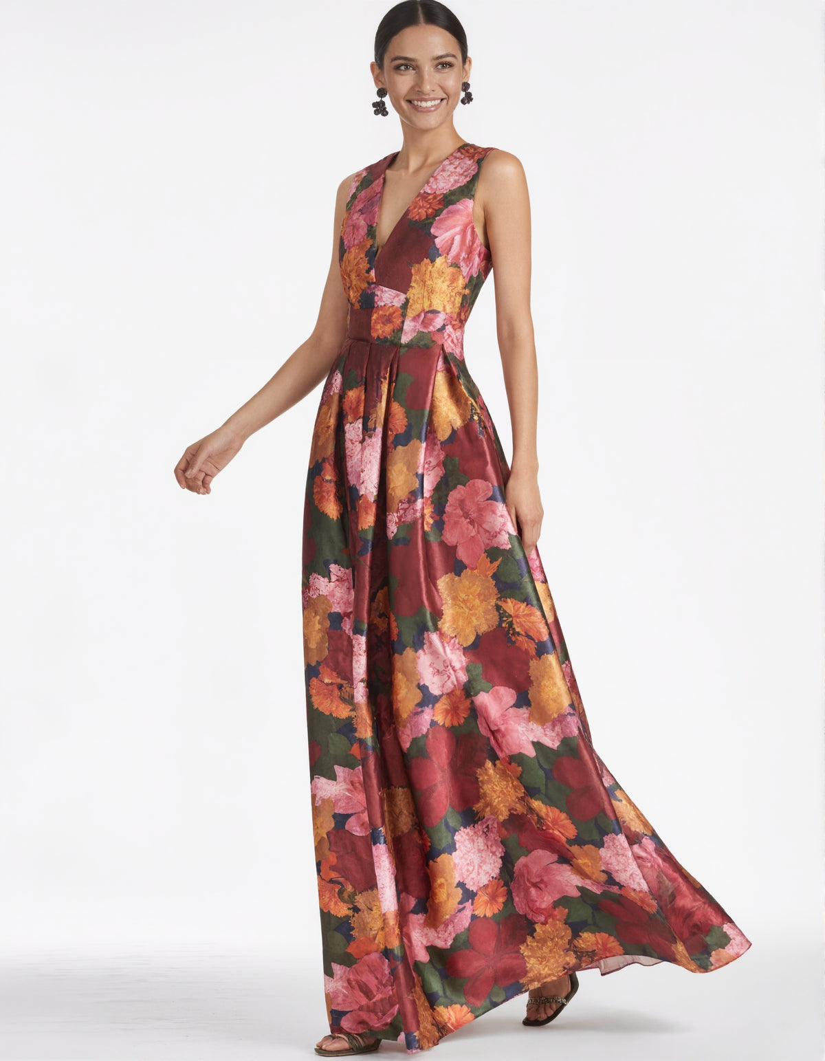 Ärmelloses Maxikleid mit tiefem V-Ausschnitt und Blumenmuster  