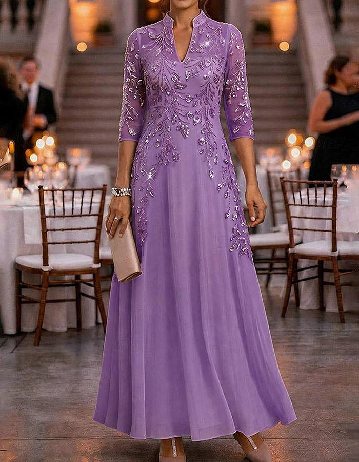 Champagne 3/4 Sleeve Gold Sequin Floral Mesh Chiffon Maxi Dress