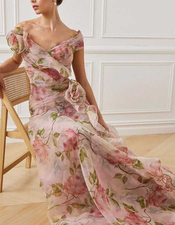 Romantische roze bloemen organza jurk met off-shoulder ruches