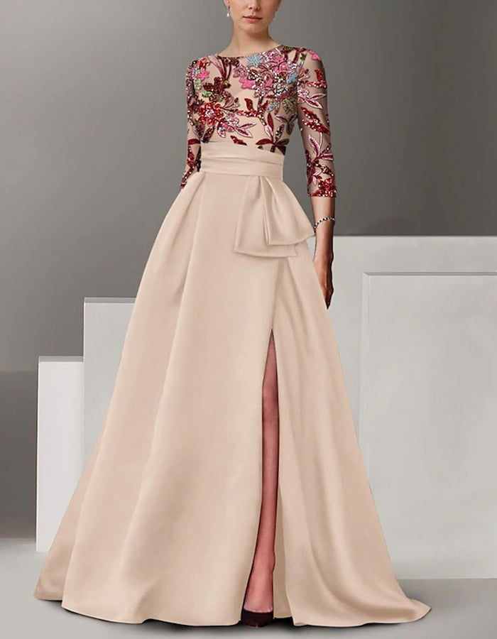Robe maxi en satin à manches pailletées et col rond  