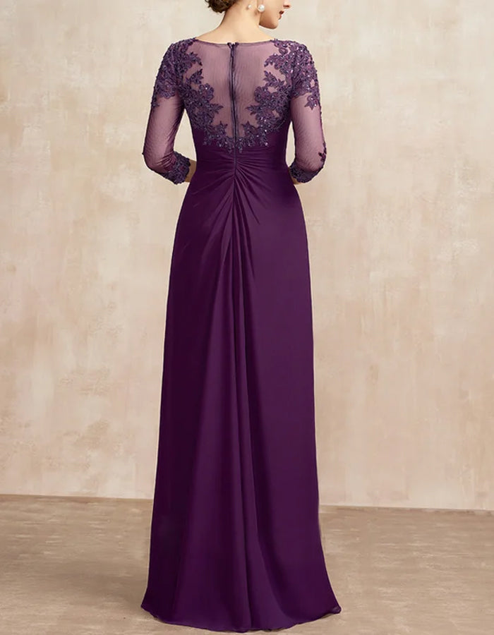 Vestido Maxi de Renda com Lantejoulas e Decote Redondo de Cor Sólida