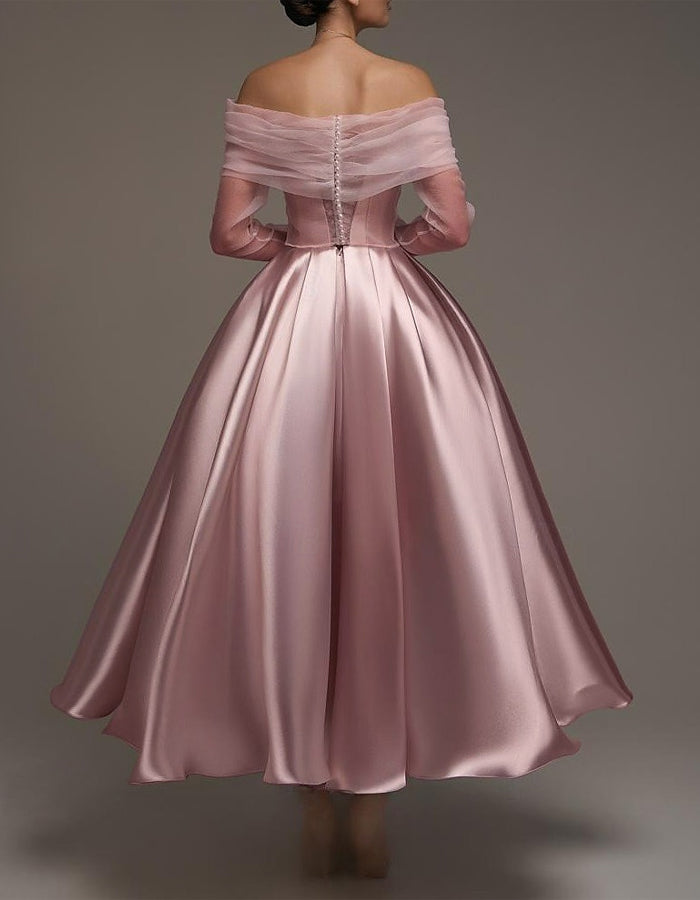 Rochie midi A-line din satin cu șal din plasă detașabil