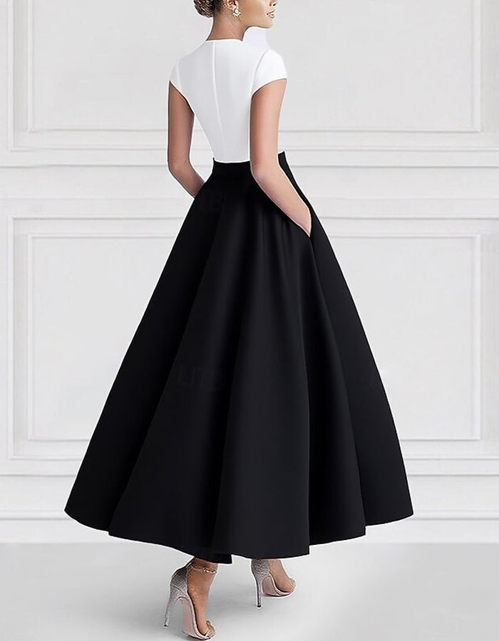 A-Linien kurzärmliges V-Ausschnitt Satin-Midi-Kleid  