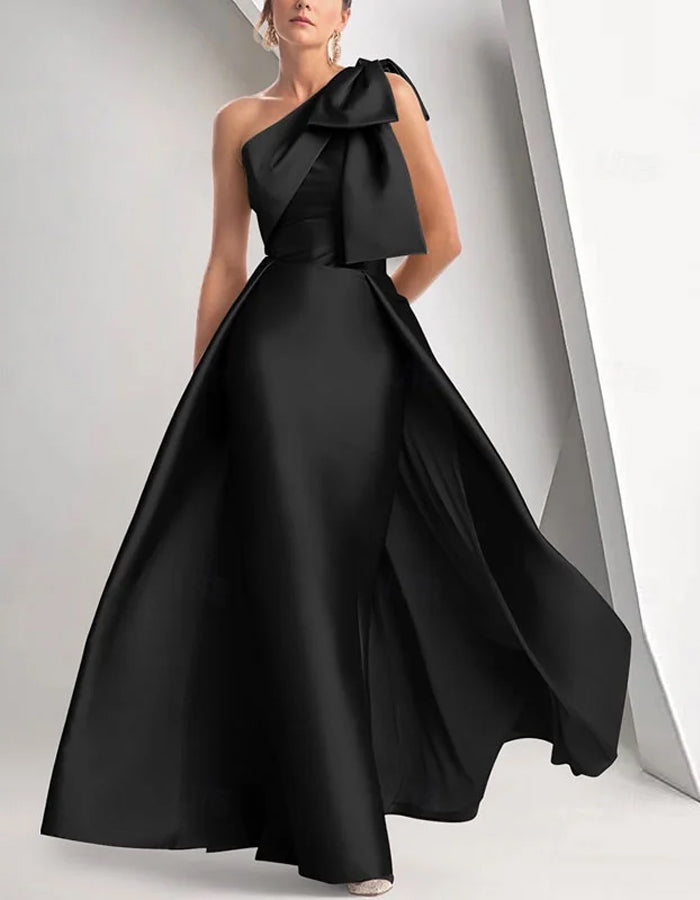 Rochie maxi cu un umăr, fundă supradimensionată
