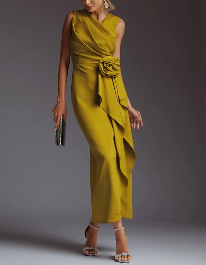 Robe midi à fleurs 3D irrégulières de couleur unie