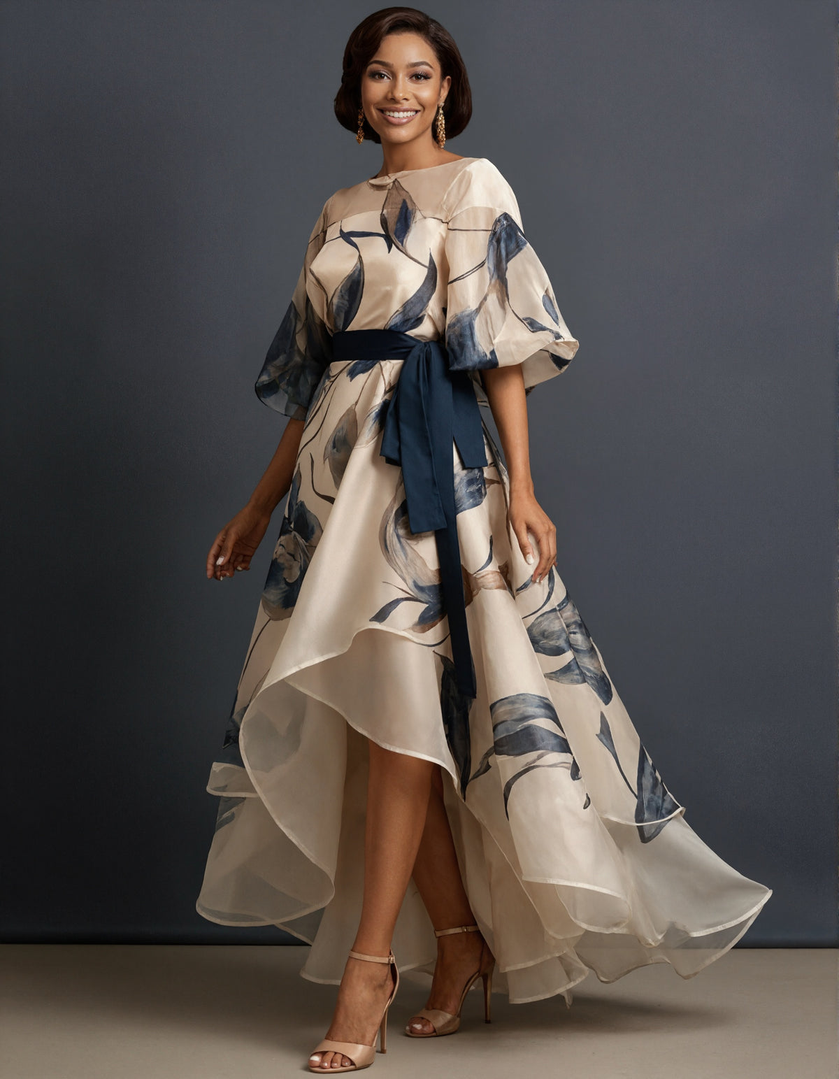 Navy Floral High-Low Hem Sash Belt Organza Gown