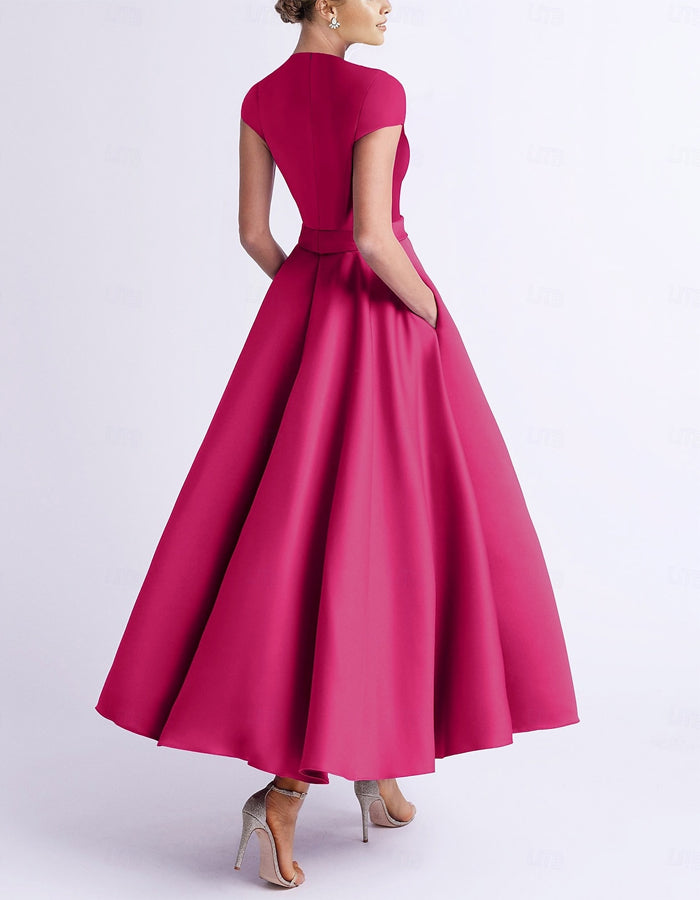 Vestido Midi A-line Sem Mangas com Decote em V e Bolso em Cetim
