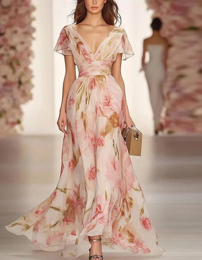 Abito romantico in chiffon rosa con stampa floreale ad acquerello e maniche svolazzanti