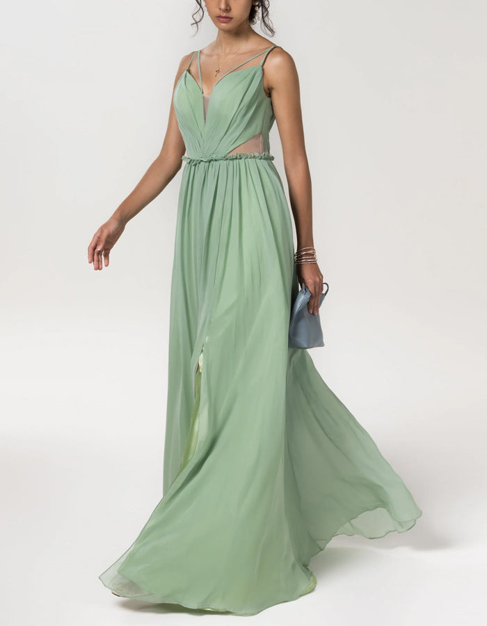 Robe de demoiselle d’honneur verte clair en mousseline, ligne A, longueur au sol  