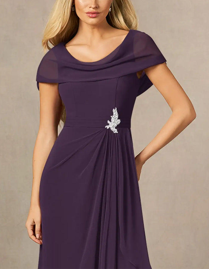 Rochie maxi A-line mov din chiffon cu deschidere laterală