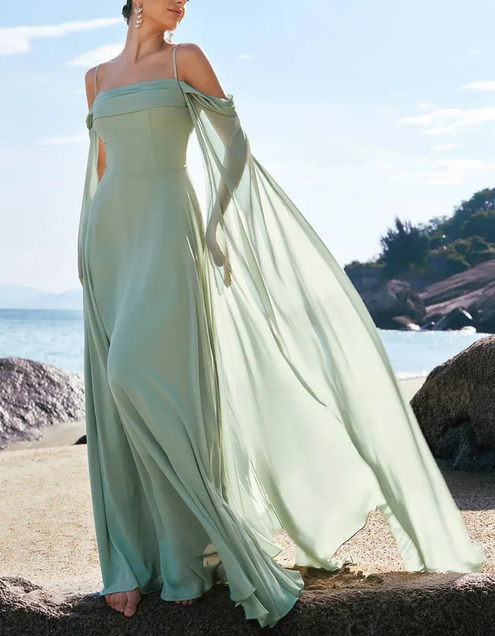 Light Green Off-the-shoulder Bridesmaid Dress with Detachable Sleeves