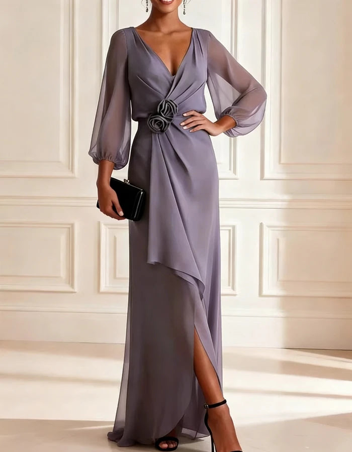 Vestido Maxi Verde-Sálvia em Chiffon com Decote em V e Mangas Bufantes