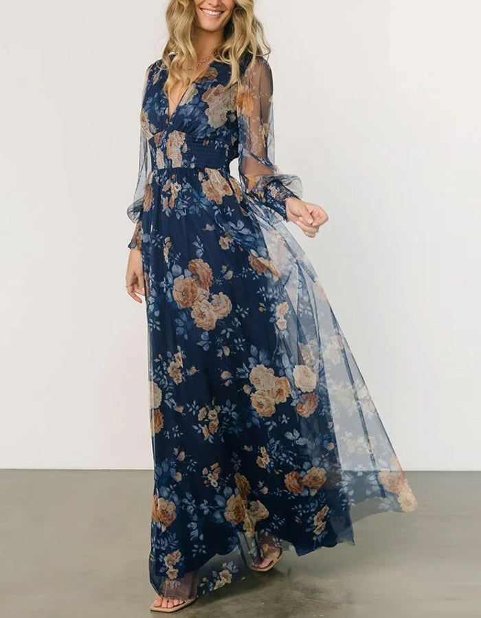 Abito elegante in chiffon blu navy con maniche trasparenti e stampa floreale vintage