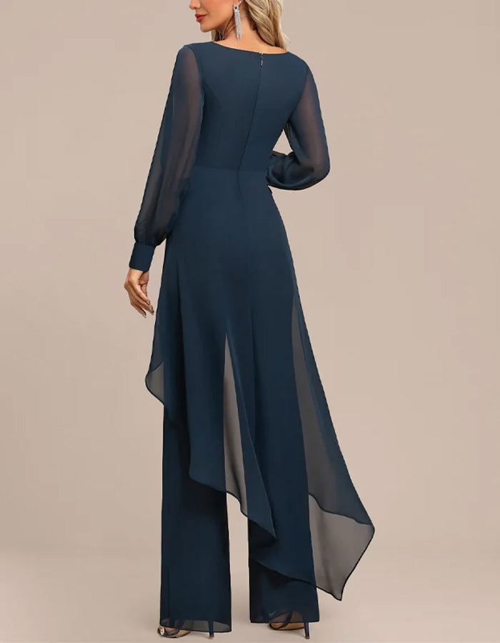 Graceful Navy Chiffon Jumpsuit with Sheer Sleeves and Draped Overlay