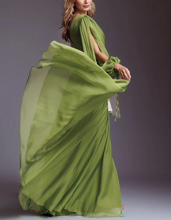 Robe maxi élégante en chiffon uni à manches bouffantes longues fendue  