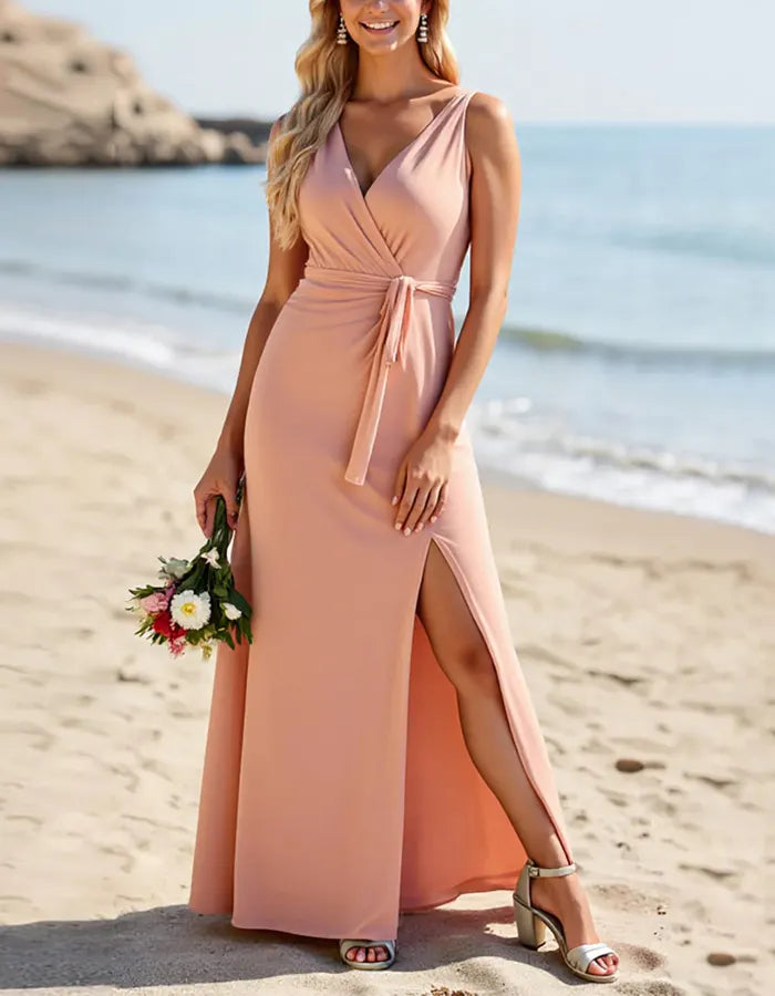 Nude Pink V-neck Chiffon Slit Maxi Dress